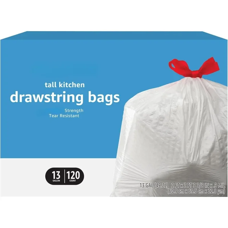 Tall Kitchen Drawstring Trash Bags, Unscented, 13 Gallon, 120 Count, Pack of 1