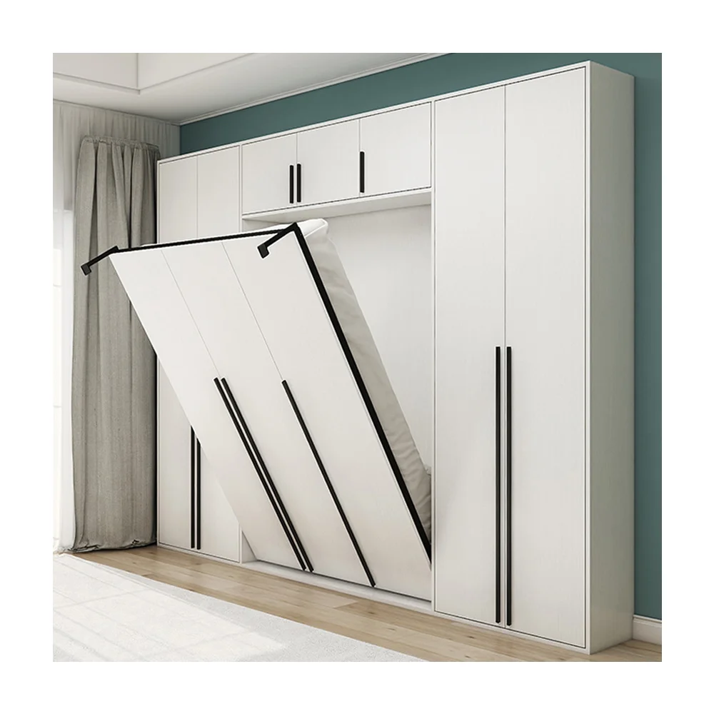 سرير مورفي أفقي عمودي مسطح وسهل التجميع مع خزانة قابلة للطي على الحائط