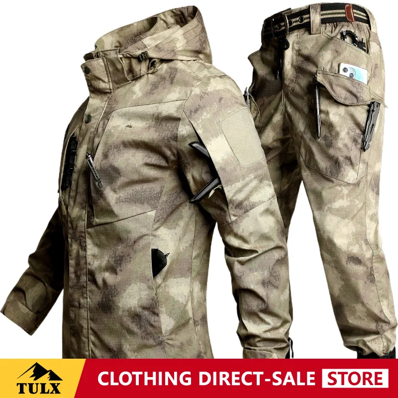 Spring Autumn Outdoor Tactical Camouflage Set Men Cotton Mesh Elastic Work Pants Jacket Wear Resistant Tearproof Work Clothes