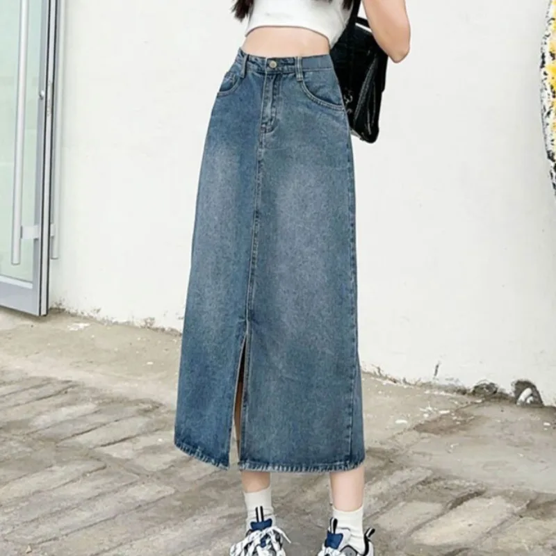 Slit Skirts for Women Denim Mid-calf Soft Summer Clothing College Streetwear Fashion High Waist Blue Solid All-match Ins Ulzzang