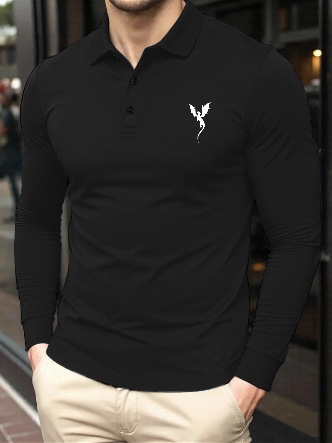 

Dragon Pattern Simple Printing Men'S T-Shirt Comfortable Soft Basic Tops Button Long Sleeved Polo Shirts Autumn Casual Clothes