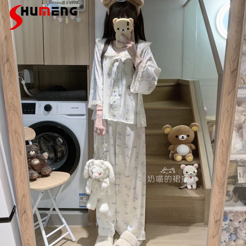 

Cute Long Sleeve Long Pants Homewear Women Sweet Doll Collar Ice Silk Pajamas Female Spring Autumn Cartoon Sleepwear Suits