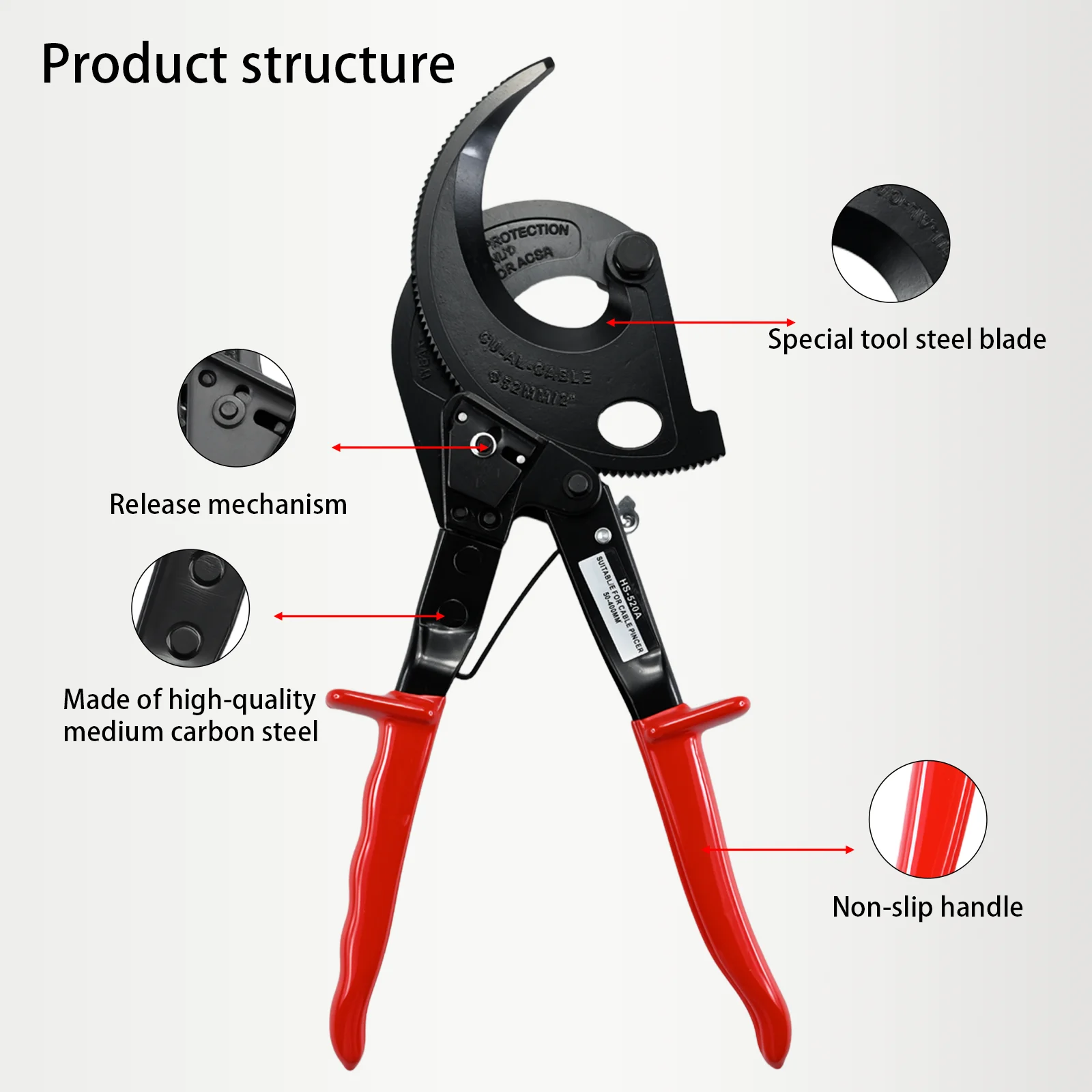 

Hs-520A Ratchet Cable Cutter Heavy Duty Manual Copper and Aluminum Cable Scissors 400mm² Ratchet Wire Cutter High-Power Wire Cutting Tool for Electricians