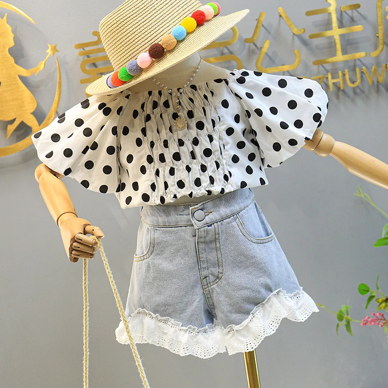 

2025Summer French Fashion Girl Polka Dot Puff Sleeve Top+Lace Denim Shorts Two-Piece Suit