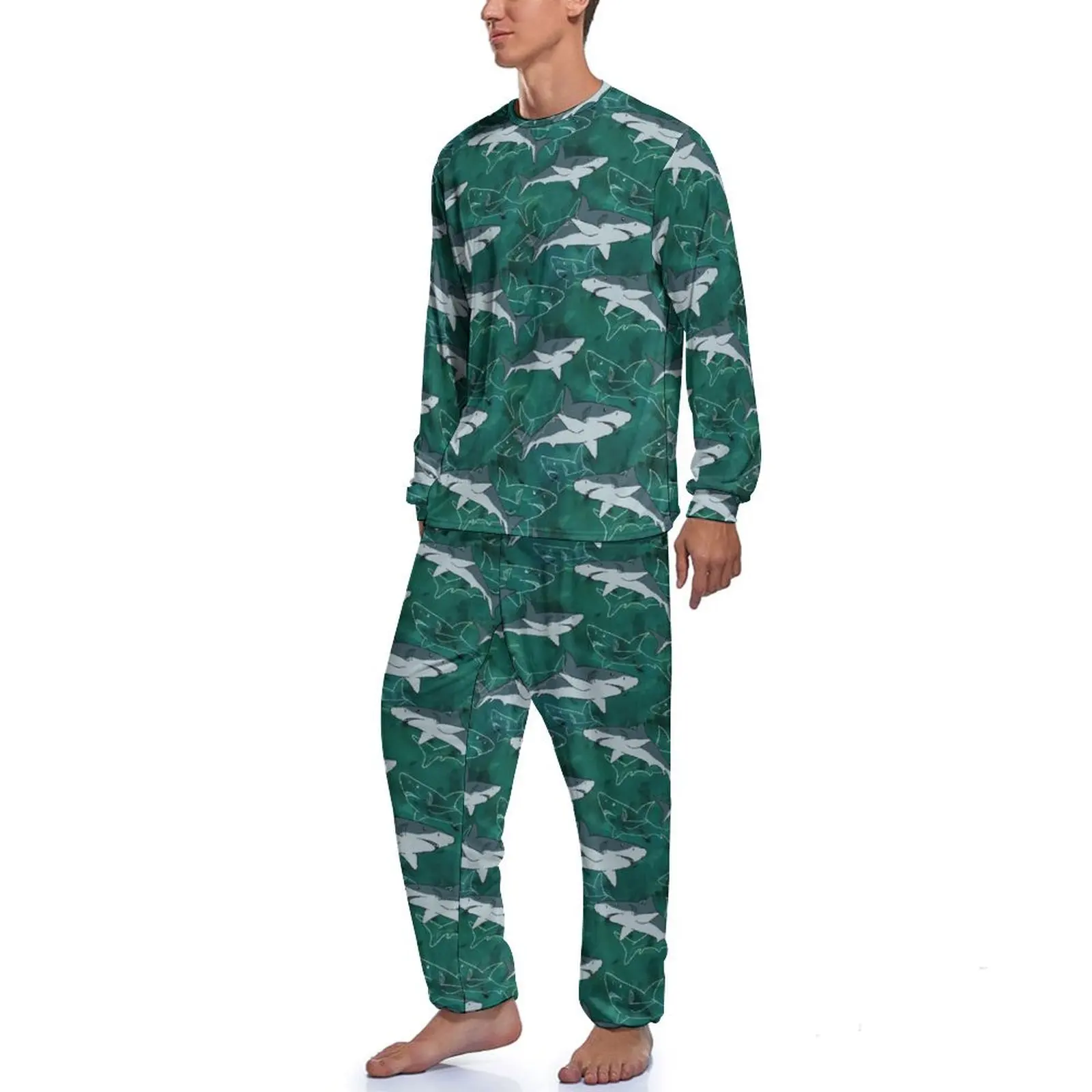 Shark Marine Pajamas Animal Print Men Long-Sleeve Lovely Pajama Sets Two Piece Leisure Autumn Pattern Nightwear Gift