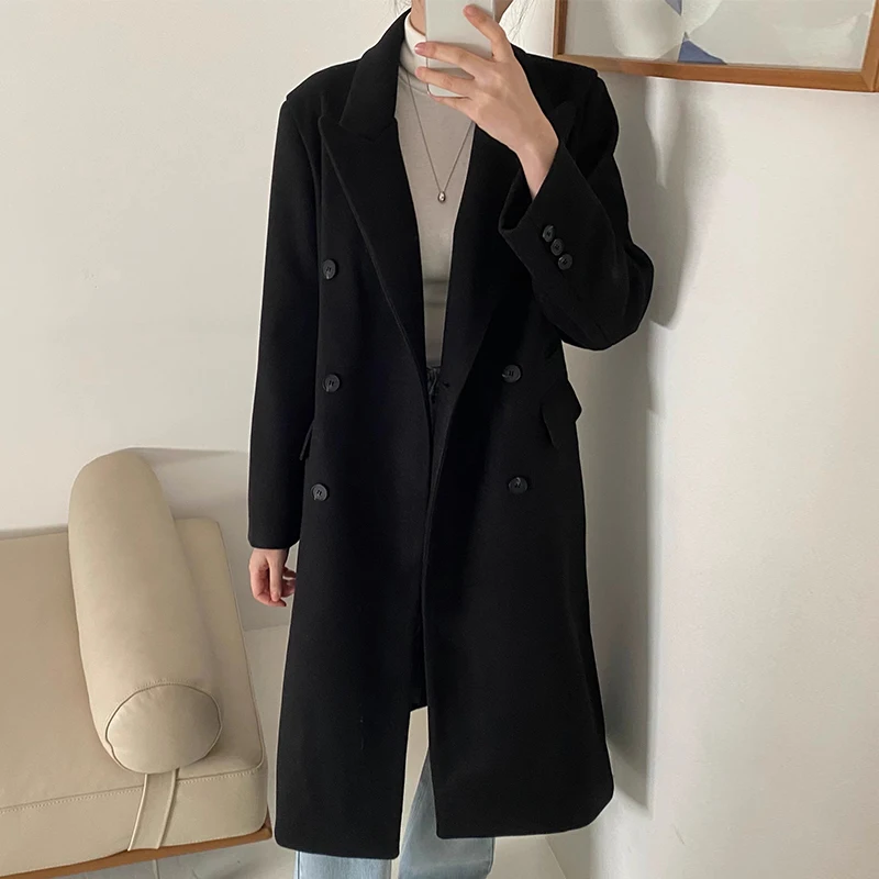 Ele Long manteau en laine femmes coupe ample Double boutonnage col de costume automne hiver Faion vêtements d'extérieur coréen Sle trajet
