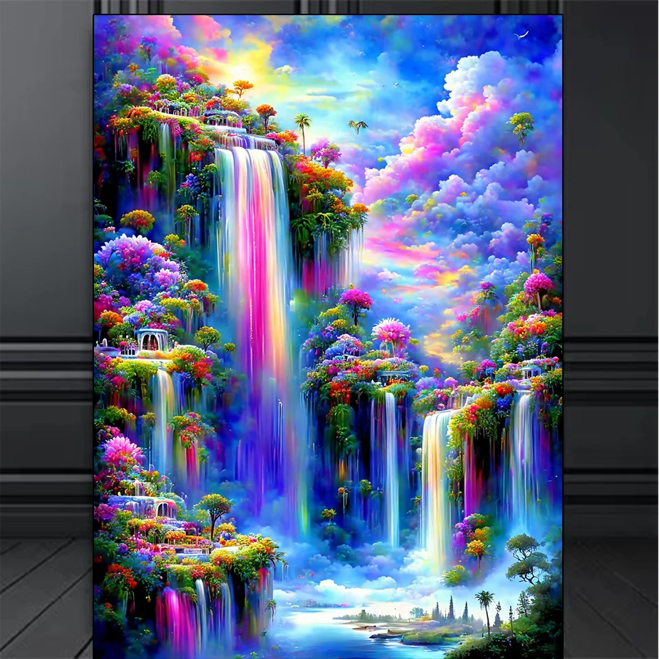 

New 5D Diamond Painting Art Landscape Waterfall Tree Landscape Painting Full Diamond Mosaic Embroidery Water Diamond Picture
