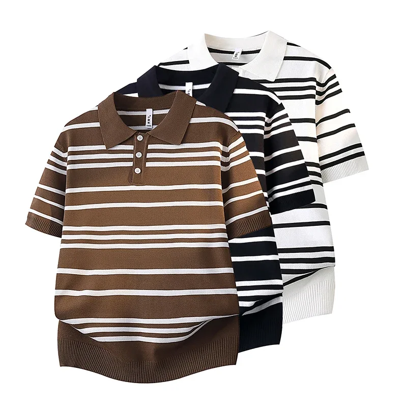 

Summer Striped Short Sleeved Men's T-Shirt Breathable Knit Business Polo Shirt Light Luxury Casual Fashion Outdoor-Homewear Tops