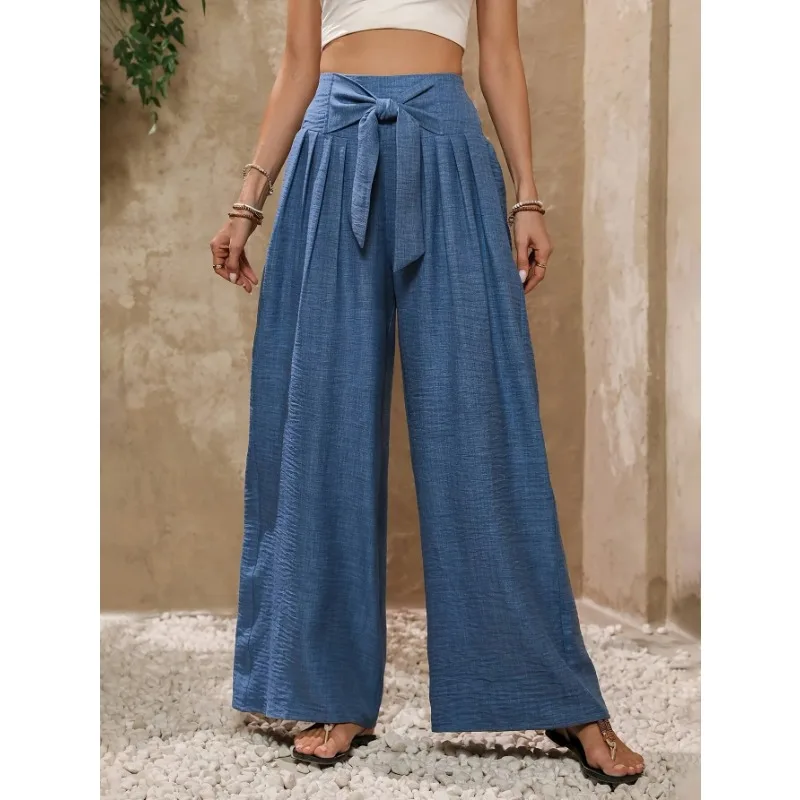 

2025 Summer Women's Pants Beach Pant Lounge Pant Wide Leg Lightweight High Waist Loose Casual Elastic Pocket Wide-leg Trousers