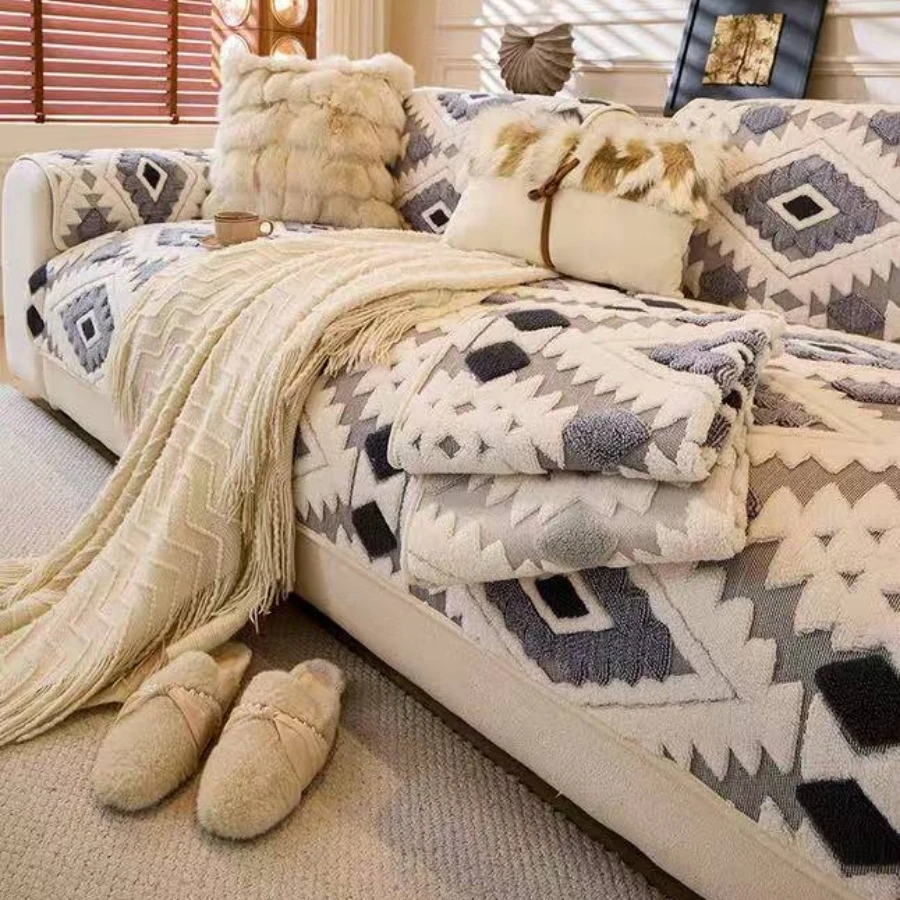 Fleece Boho Jacquard verdicken warme Winter Sofabezug, rutschfeste weiche Sofa Handtuch Wohnzimmer Möbel Dekor Schonbezug Sofa Handtuch