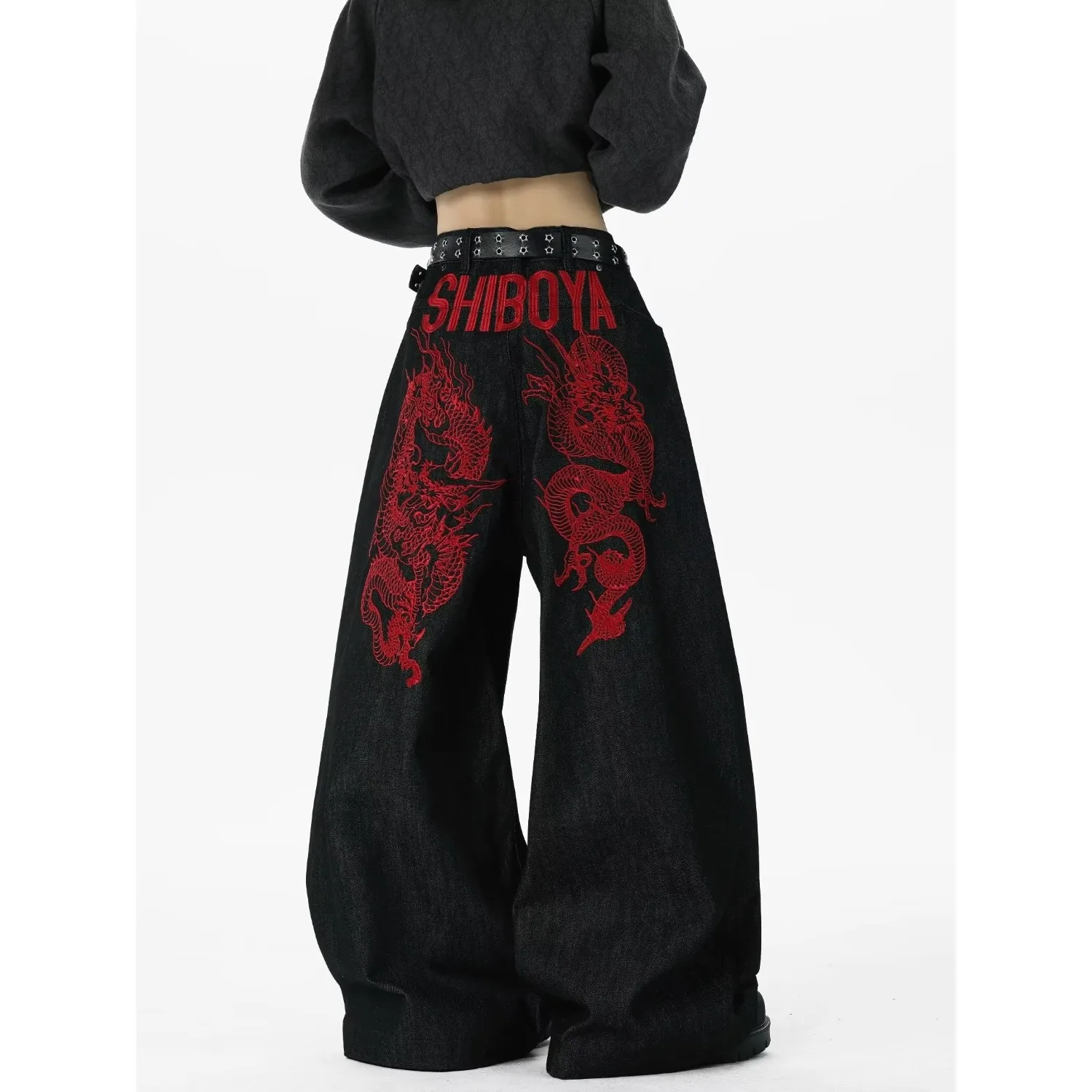 

2026 New Men Women Red Dragon Embroidery Cargo Jeans Loose Wide Leg Straight Slightly Flared Denim Pants For Streetwear Lovers