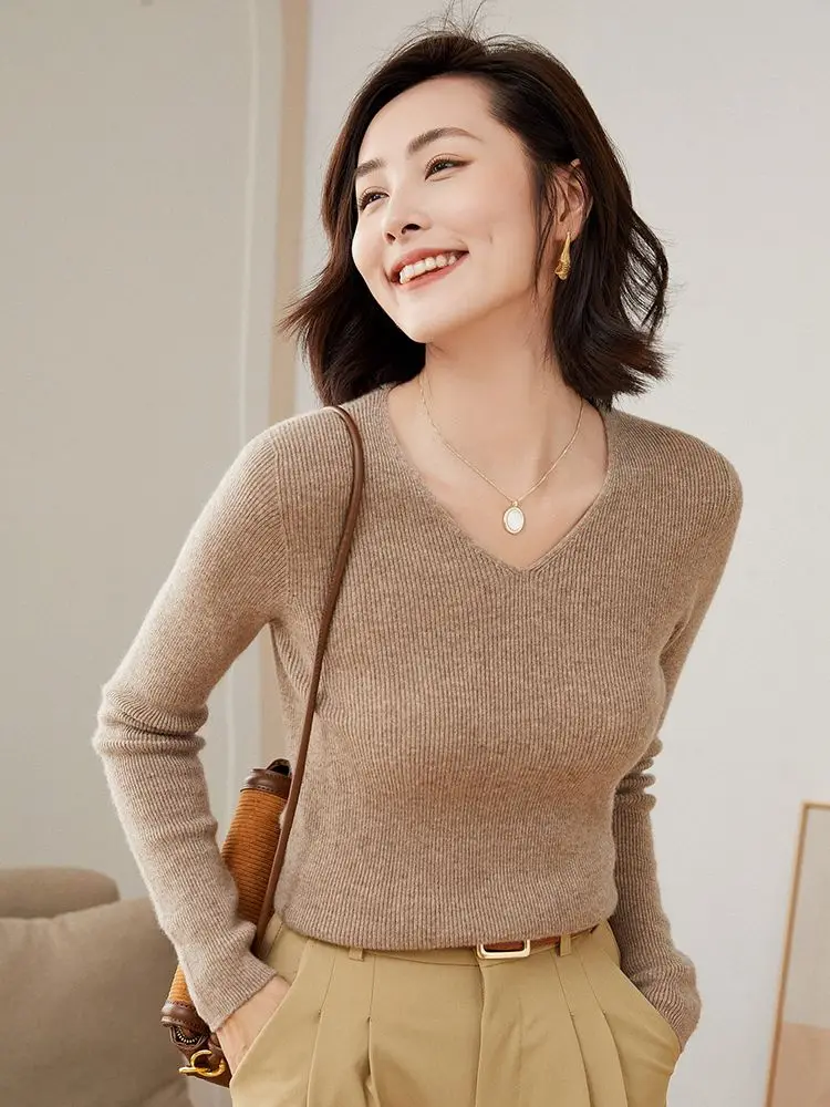 Addonee Autumn Winter Women V-Neck Sweater Bottoming Shirt Slim High Strecth 100% Merino Wool Pullover Cashmere Knitwear Female