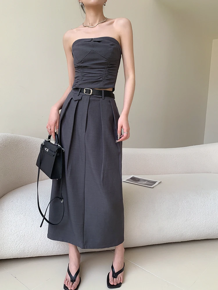 

JWUNIQUE Women's High Waist Two-Piece Set Summer Grey Strapless Top Skirt Fashionable Breathable Polyester Blend