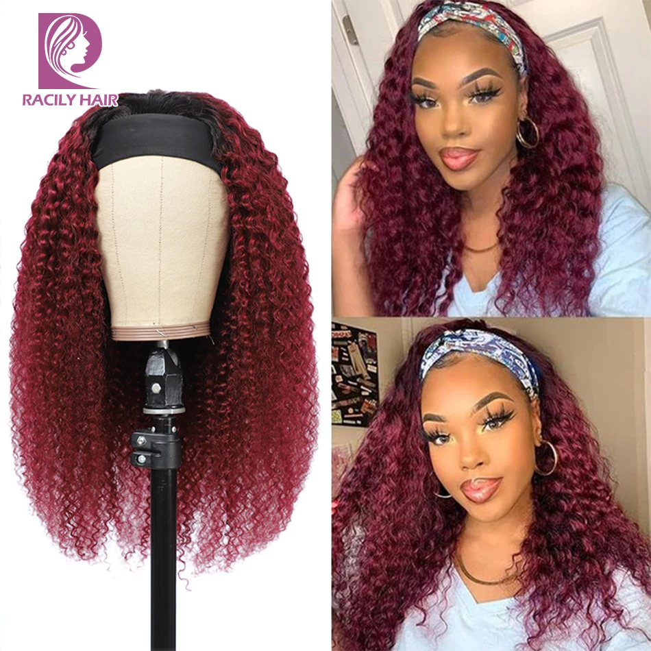 99J Headband Wig Human Hair Natural Kinky Curly Human Hair Wigs Burgundy Gluelees Full Machine Made Curly Wigs Ready To Go Wig