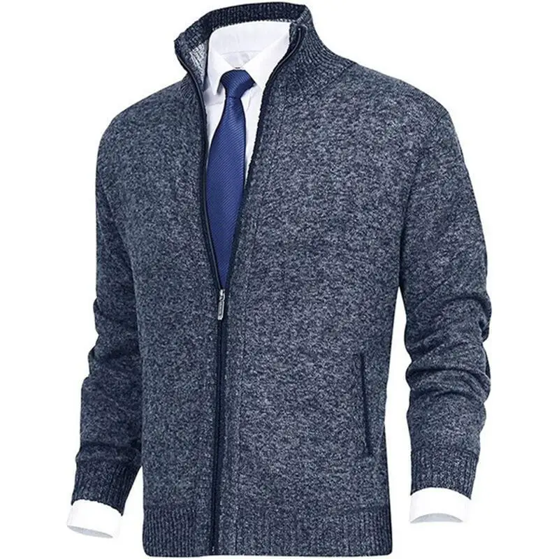 Men's Zipper Cardigan Casual Business Old Money Slim Fit Solid Color Knitwear Thin Fleece Warm Clothing Autumn Sweater