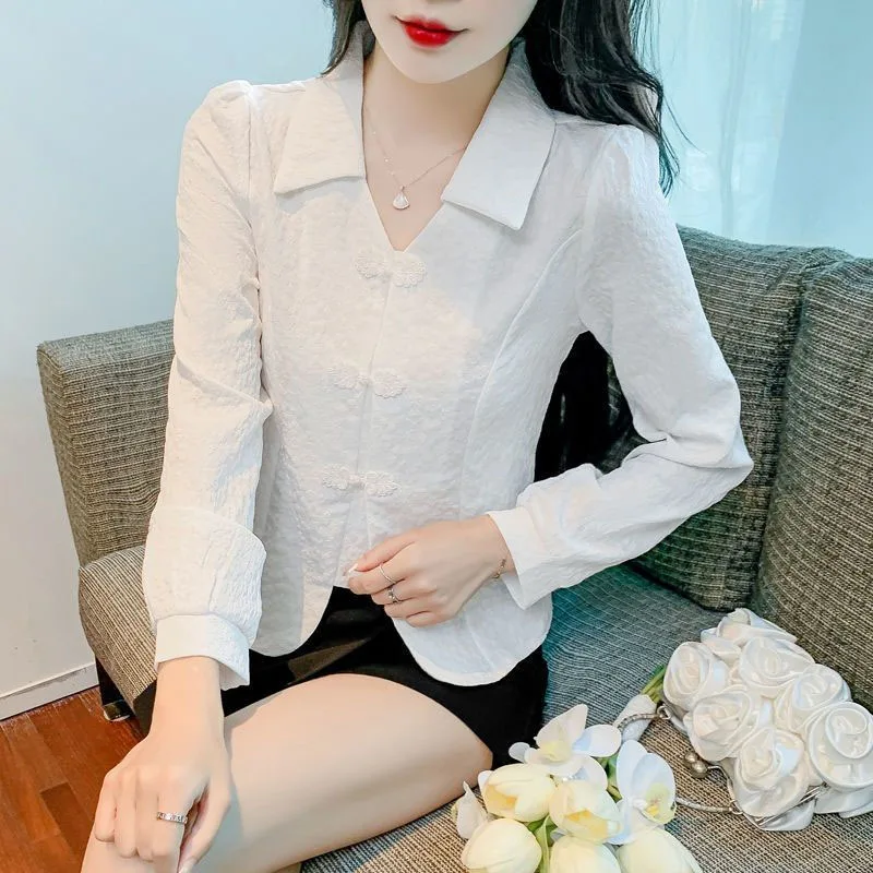 Spring and Autumn Women's Cardigan Polo Neck Solid Long Sleeve Chiffon Shirt Button Patchwork Vintage Slim Fashion Sweet Tops