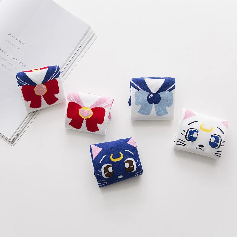 Women Anime Sailor Bow Socks Cute Girls Kawaii Girls Cartoon Blue Cat White Kitty Socks JK Uniform Wearing Birthday Gifts image 3