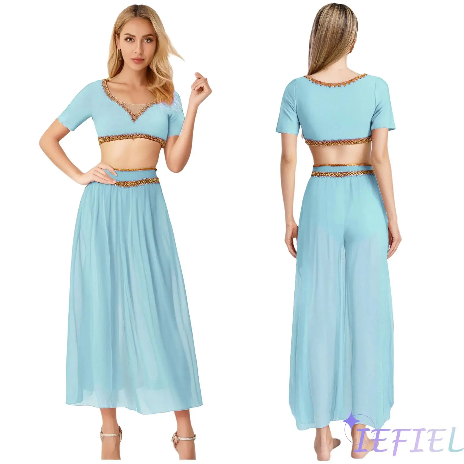 

Elegant Belly Dance Wear for Women V Neck Short Sleeve Top And Slit Skirt Set Gold Trimmed Modern Dance Performance Costume