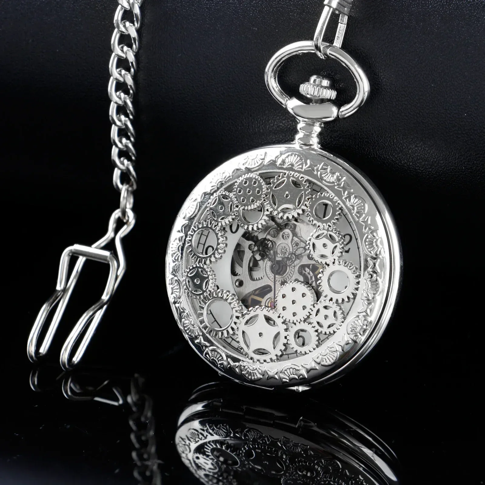 Silver Hollow Gear Mechanical Pocket Watches Vintage 2 Sides Open Case Hand Wind Casual Fashion Pocket&Fob Watches