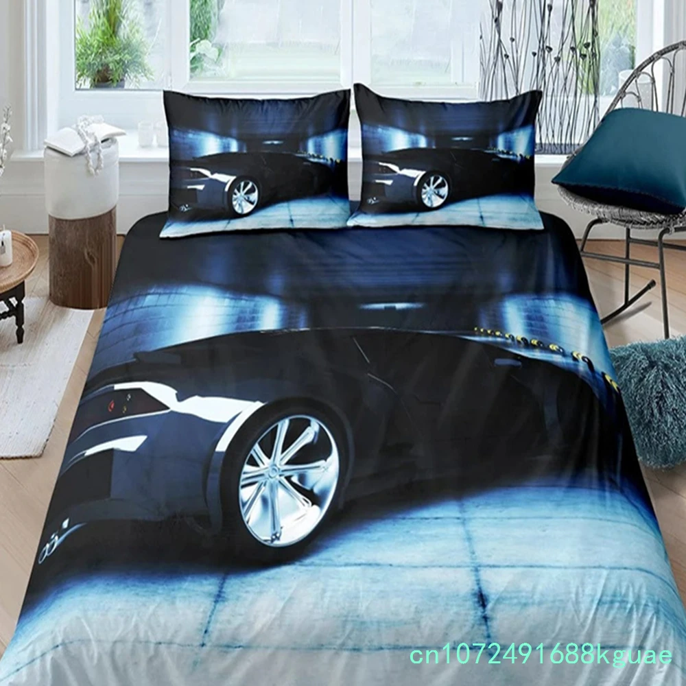 Race Car King Queen Duvet Cover Cool Speed Racing Bedding Set Teens Men Black Sport Car Quilt Cover Polyester Comforter Cover