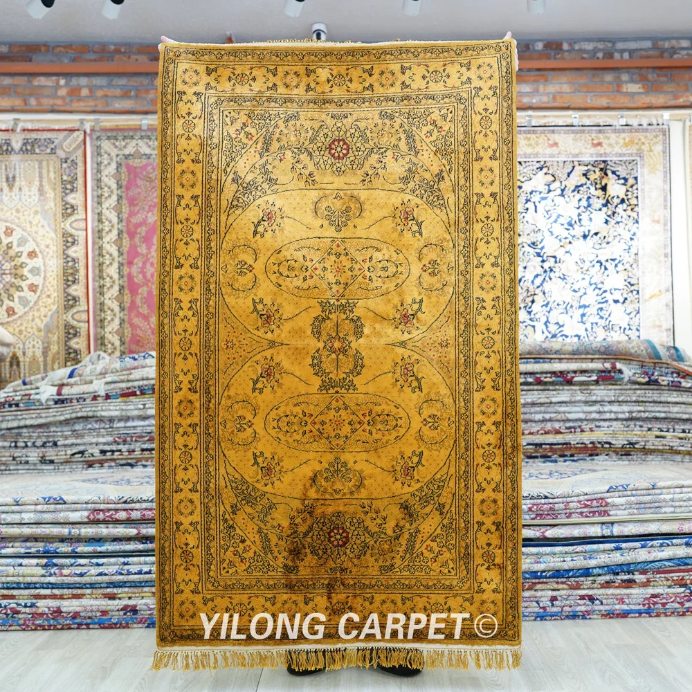 91x152cm Handmade Silk Carpet Gold Traditional Indoor Floral Area Rug (LZL158AB)