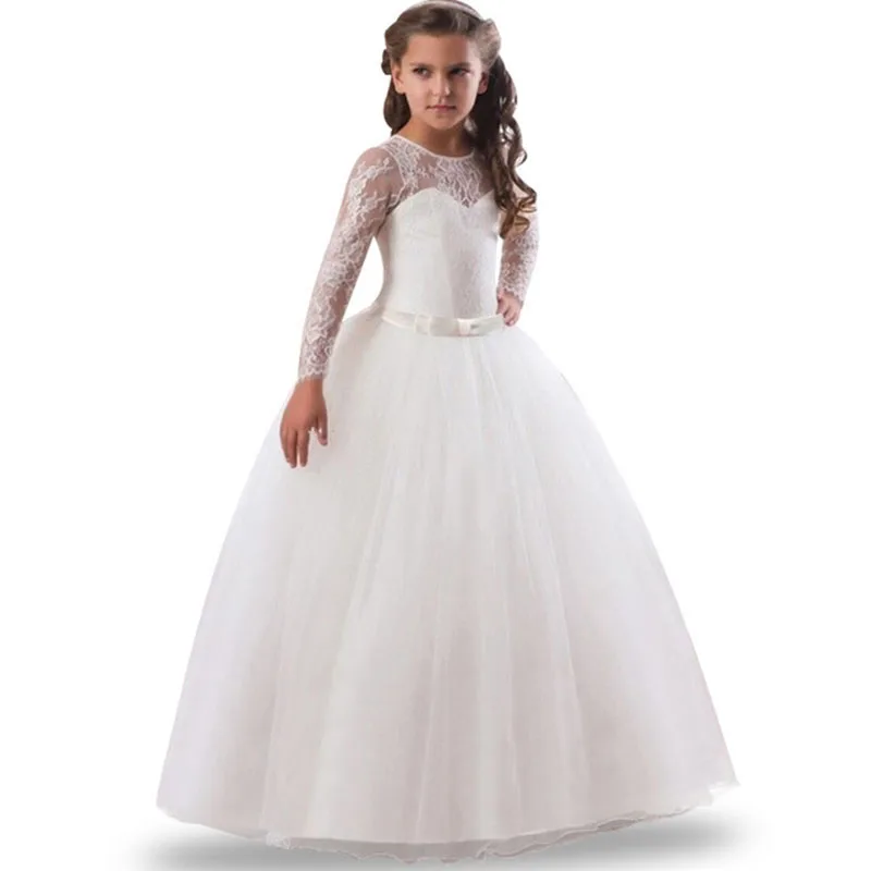 Girls Lace Full Sleeve Princess Dress Kids First Communion Dresses For Girls Tulle Lace Wedding Costume Junior Children Clothes