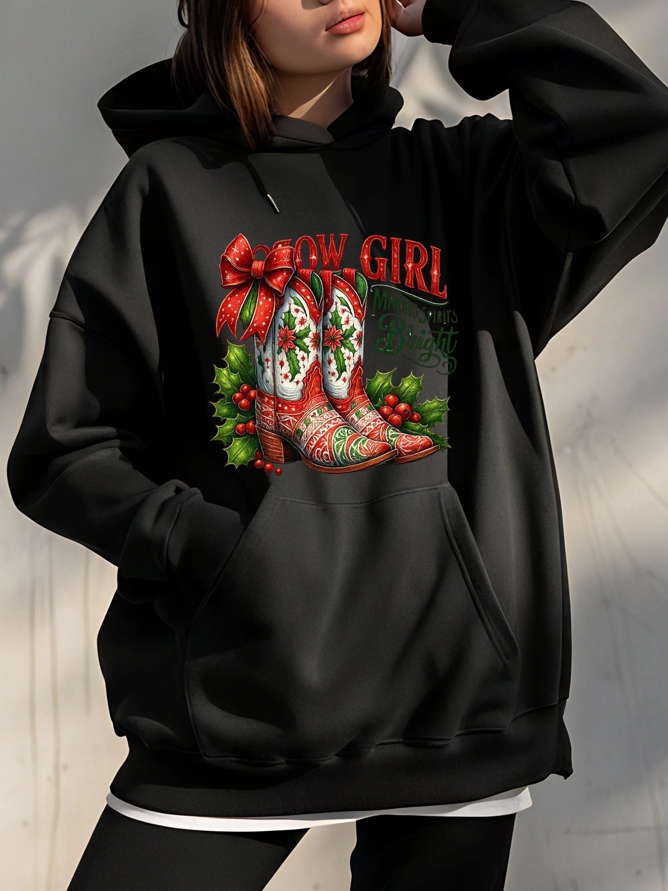 

Рождественские ковбойские сапоги с принтом, толстовка с капюшоном, женская модная праздничная толстовка, повседневная одежда для рождественской вечеринки в стиле пастушки
