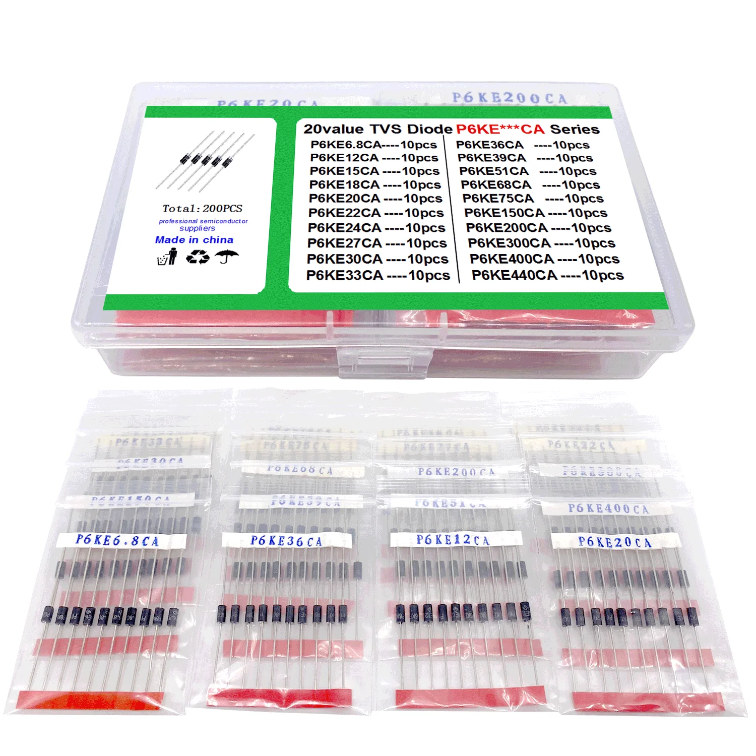 20 valores * 10 peças = 200 peças kit transistor tvs p6ke6.8a/ca 12/15/18/20/22/24/27/30/33/36/39/51/68/75/150/200/300/400/440/a/ca diodo