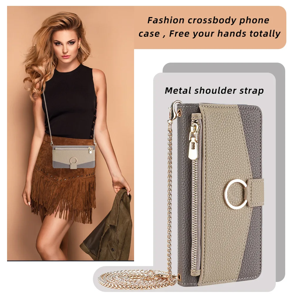 

Mirror Zipper Metal Chain Crossbody Leather Case for OPPO A98 A97 A96 A95 A94 A93 A92 A91 A79 A78 A74 Multi 3 Card Ring Cover