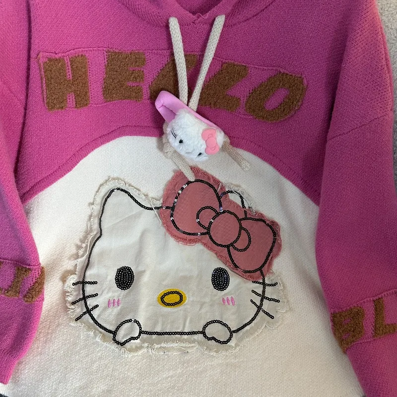 2025 Autumn New Sweet Age-Reducing Cartoon Color Block Hooded Knitted Sweater Women's Loose Casual Style Pullover Top Sweatshirt