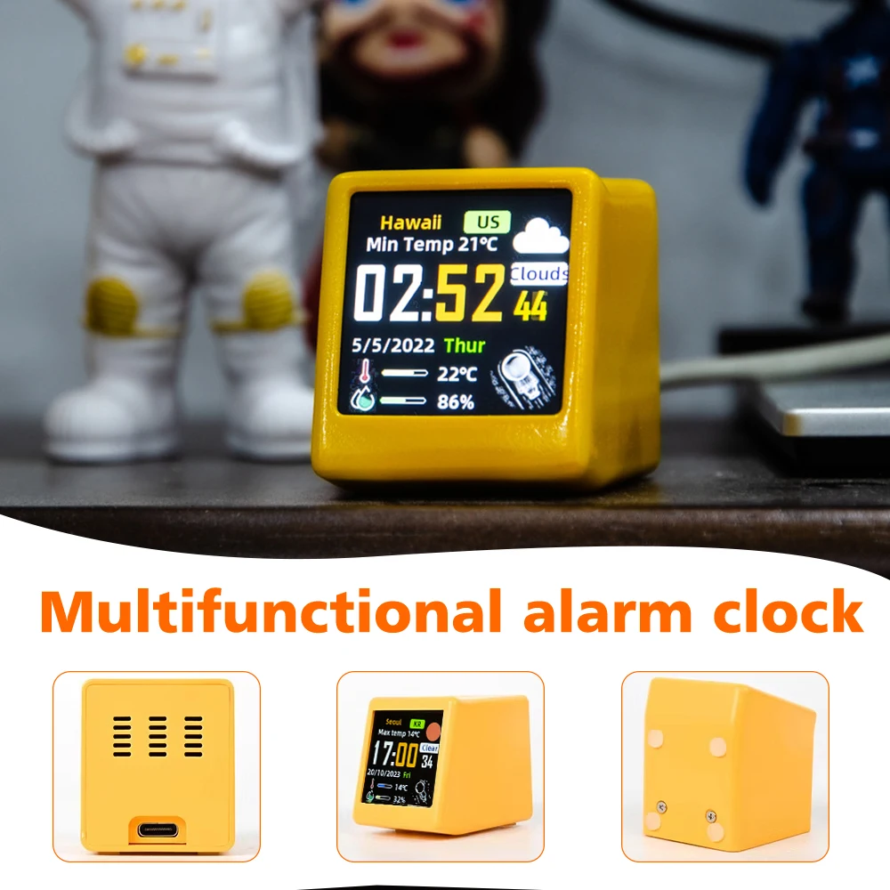 USB Desktop WiFi Alarm Clock Animated Color Screen 12/24H Thermo-hygrometer Mini Digital Clock for Bedside Weather Station