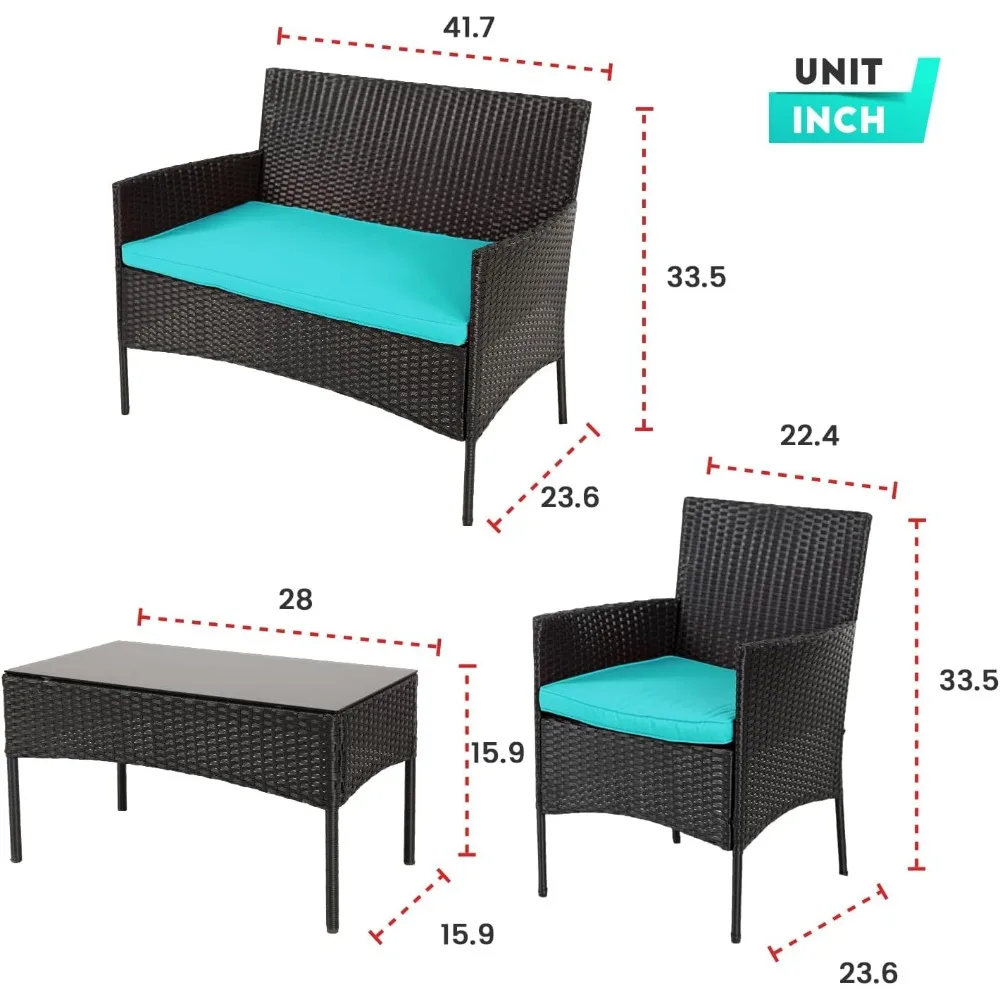 커피 테이블, 좌석 쿠션, 파티오 가구 세트가 포함된 뒷마당용 야외 고리버들 파티오 대화 가구 세트 4개