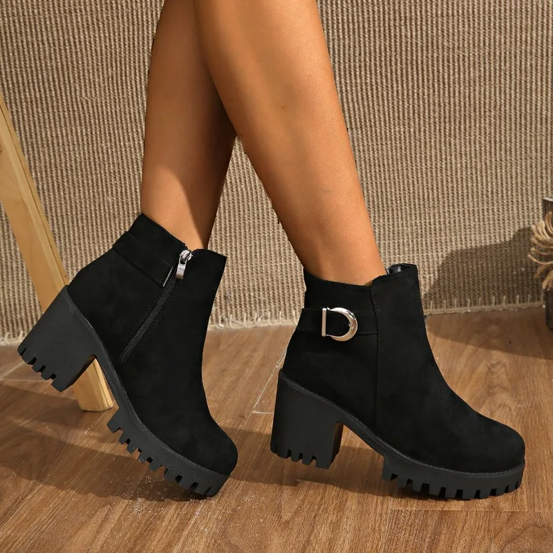 Fall New Block Heel Boots Women's Fashion Round Toe Suede Side Zipper Platform Non-Slip Single Boots