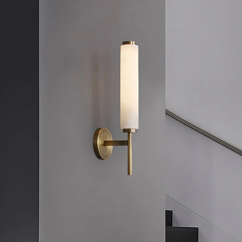 American Retro Copper Art Indoor Home Decoration Wall Lamp Natural Marble Light Luxury Living Room Bedroom Bedside Led Lights