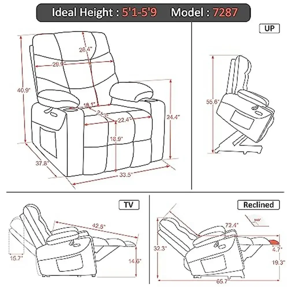 Silla reclinable con elevación eléctrica, portavasos con puertos USB, tela para ancianos, azul marino, respaldo dividido, medio-regular, fácil montaje