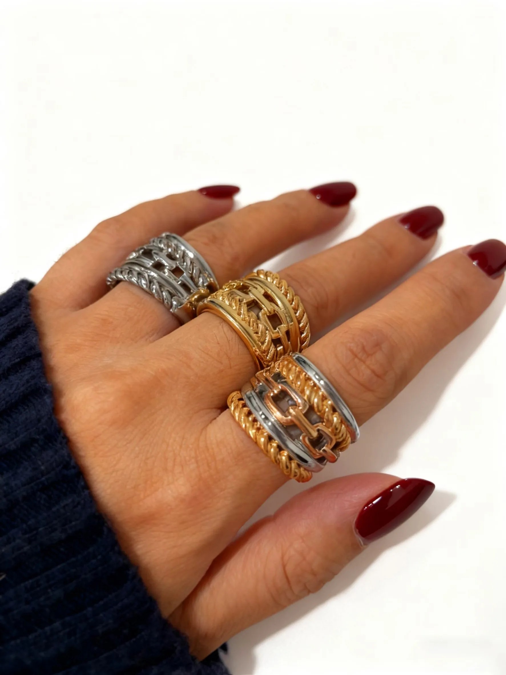 Peri'sbox Stainless Steel Gold-Plated Multi-Layer RotateTwists Wide Face Ring Women Fashion Niche Charm Jewelry Waterproof Gift