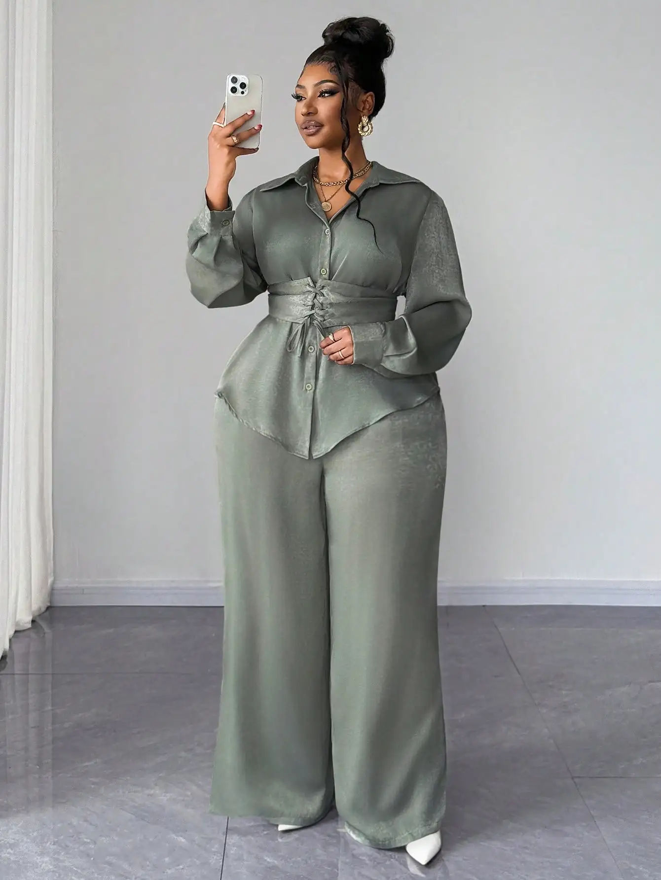 

Комплект из атласной рубашки больших размеров и брюк с широкими штанинами и бантом на талии, элегантный наряд для офиса и вечерних мероприятий