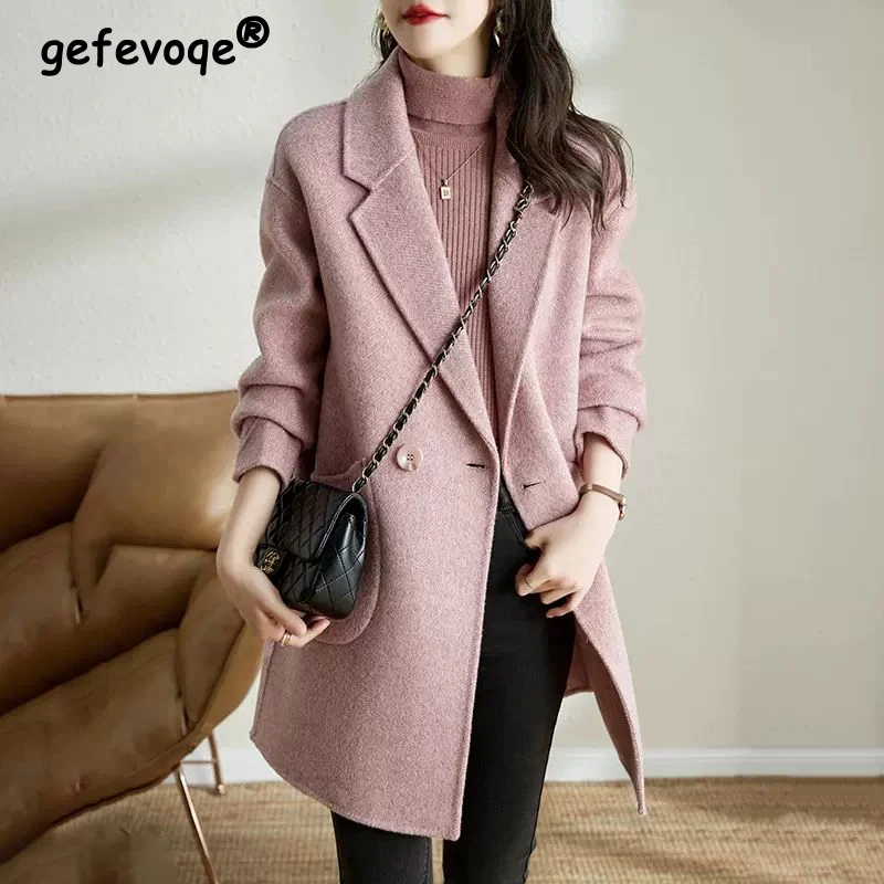 Women Korean Fashion Vintage Woolen Blazer Jacket Office Lady Casual Long Sleeve Loose Outewear Double Breasted Thick Chic Coat