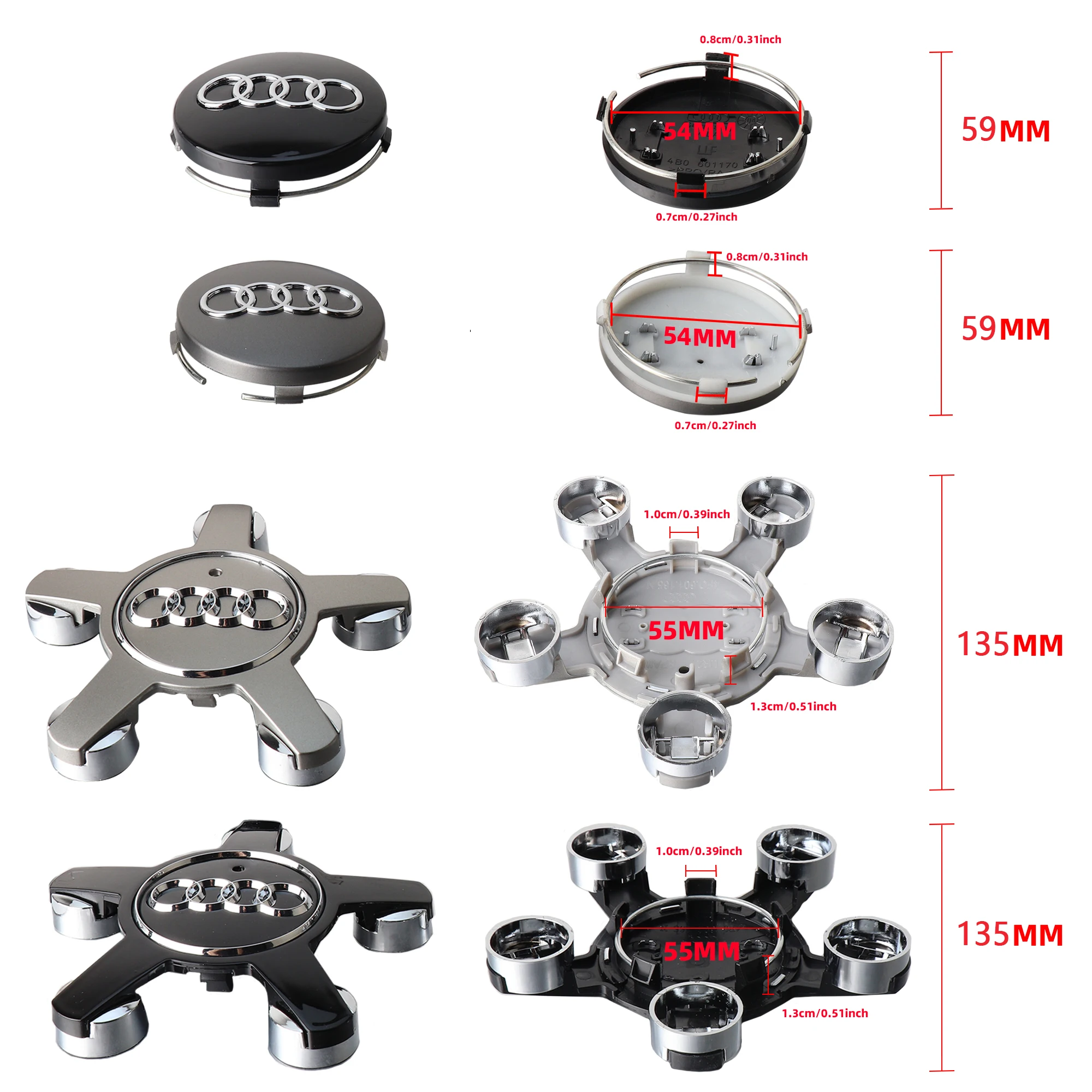4PCS Car Five Claws Wheel Center Cap Hub Covers Auto Refit Accessories for Audi A4 B8 B6 B9 B7 A3 8P 8V 8L A6 C7 C6 C5 Q5 A5 Q7