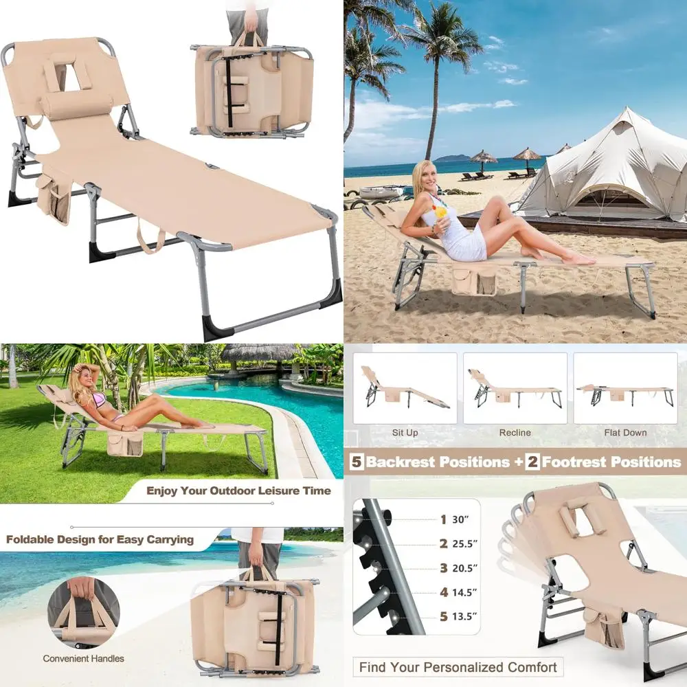 

Adjustable Reclining Sunbathing Lounge Chair with Face Hole and Side Pocket for Patio and Beach Use