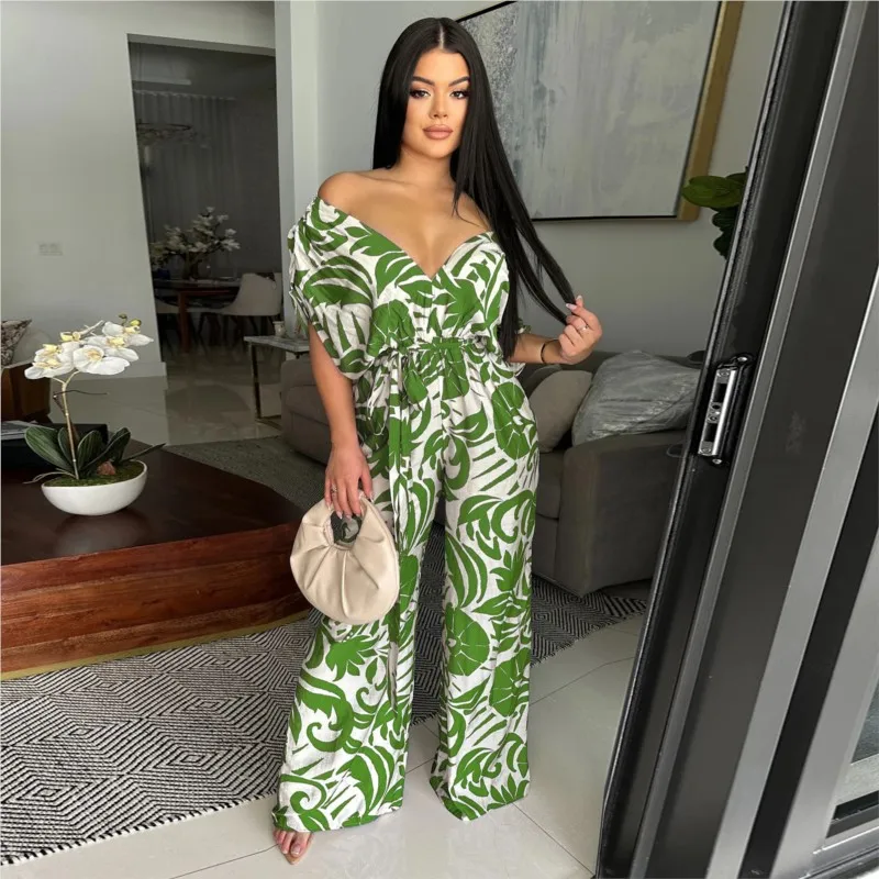 

Women Leaf Print V-neck Backless Jumpsuit Vintage Batwing Sleeve Wide Leg Jumpsuits Summer Night Club One Piece Casual Romper