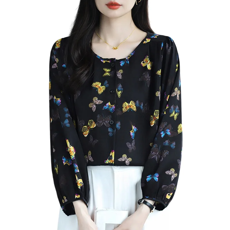 Women Clothing O-neck Long Sleeve Chiffon Shirt Autumn Casual Loose Butterfly Print Blouses Office Lady Elegant All-match Tops