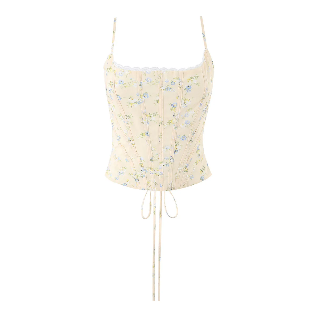 Dave&Di European And American French Fresh Spicy Girl Style Lace Lace Splicing Floral Strap Waist Strap Top
