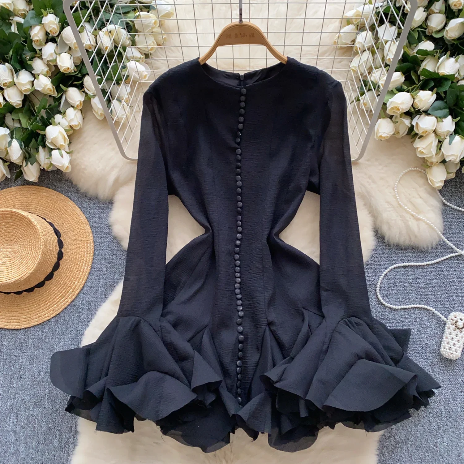 Elegant O-neck Vintage Petal Sleeve Chic Single Breasted Slim Ruffle Dresses Korean Fashion Evening High Street Autumn Clothing