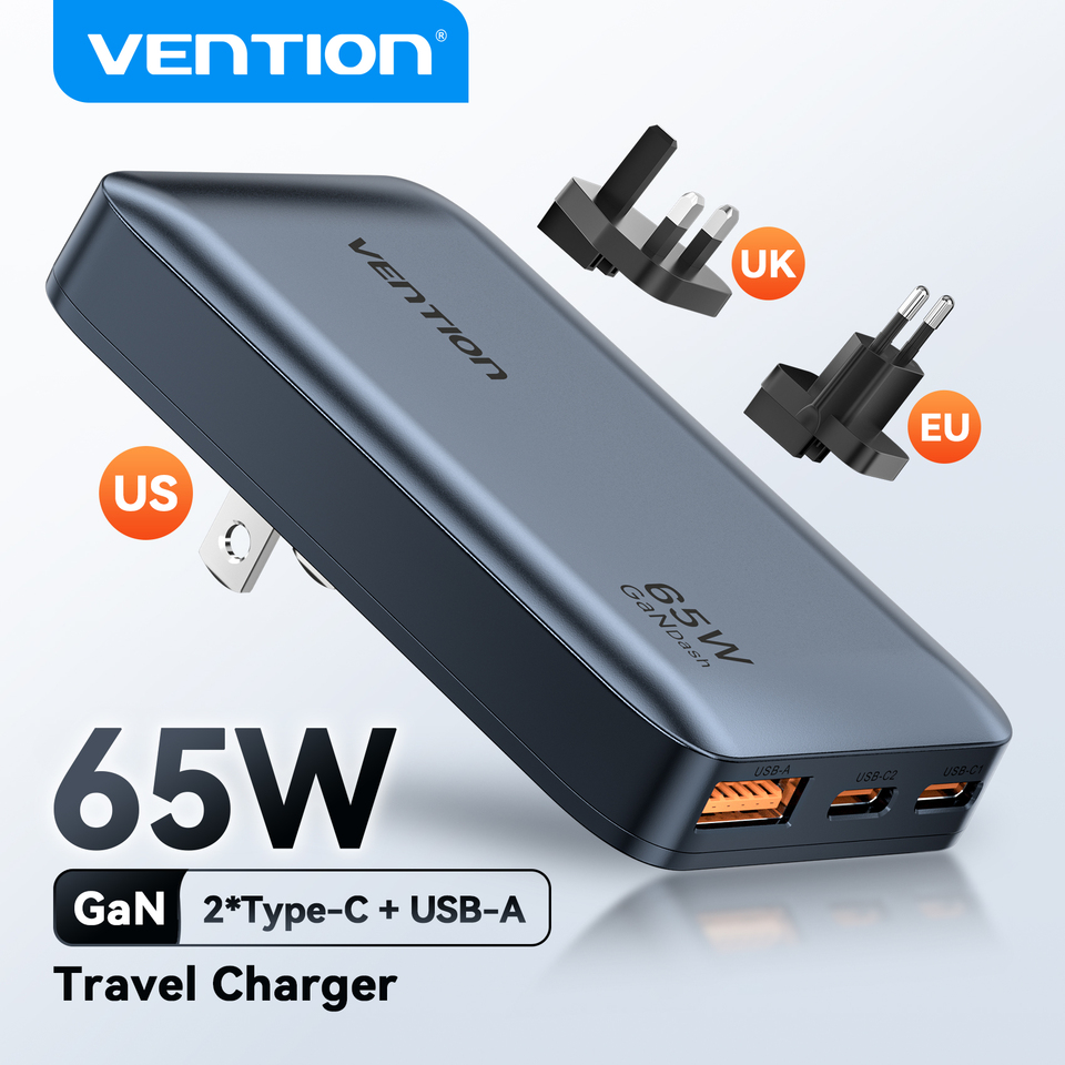  Vention Ultra Thin 65W GaN Travel Charger QC4.0 PD3.0 Quick Charge With EU UK US Charger Head For iPhone Samsung Macbook Laptop 