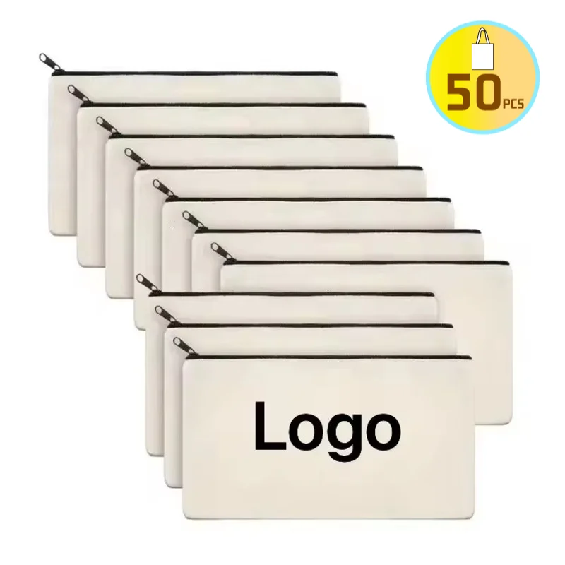50PCS Bulk Wholesale Print LOGO Plain Pencil Pouch Custom Cosmetic Bags Cotton Canvas Pencil Cases With Zipper Cosmetic Bag