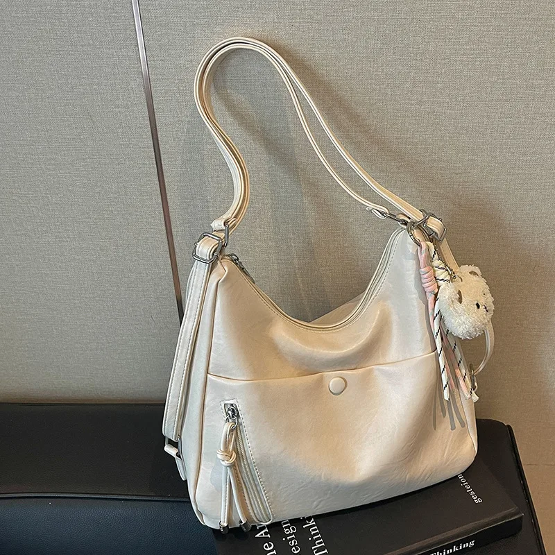 Women PU Hobo Bag Convertible Crossbody Shoulder Handbag Backpack with Zip Pocket and Plush Pendant Ladies Daily Purse