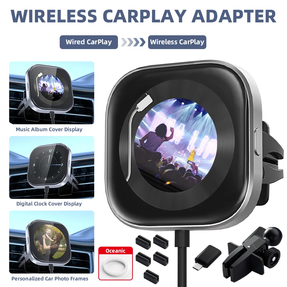 2 in 1 Carplay Wired to Wireless Android Auto Adapter DIY Display Screen Plug&Play Smart Box Aroma Clip on Car Vent for OEM Cars