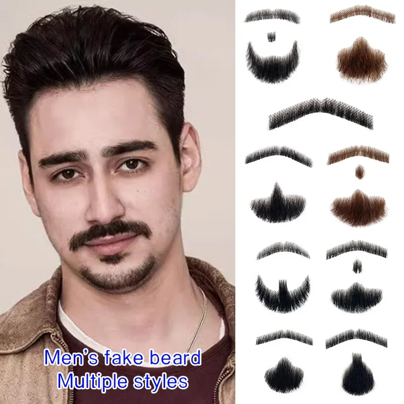 100% Human Hair Beard Black Brown Shallow Short Realistic Fake Moustache for Men Makeup Facial Hair Hand Made By Invisible Beard