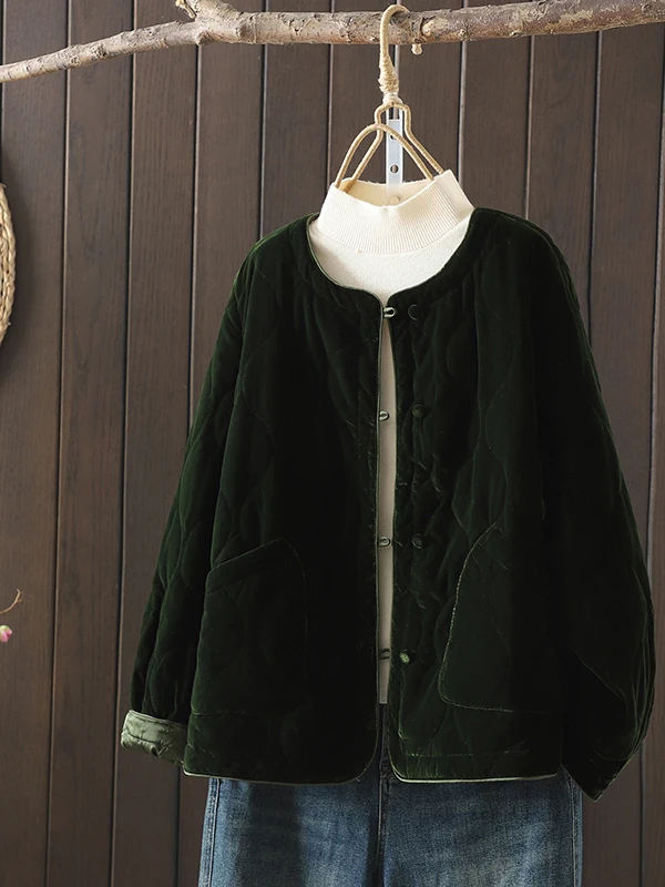 

Retro Cotton Jaet Women's round Ne ort Loose Warm Cotton Coat Casual Sle Thiened Long Sve Pure Color Design